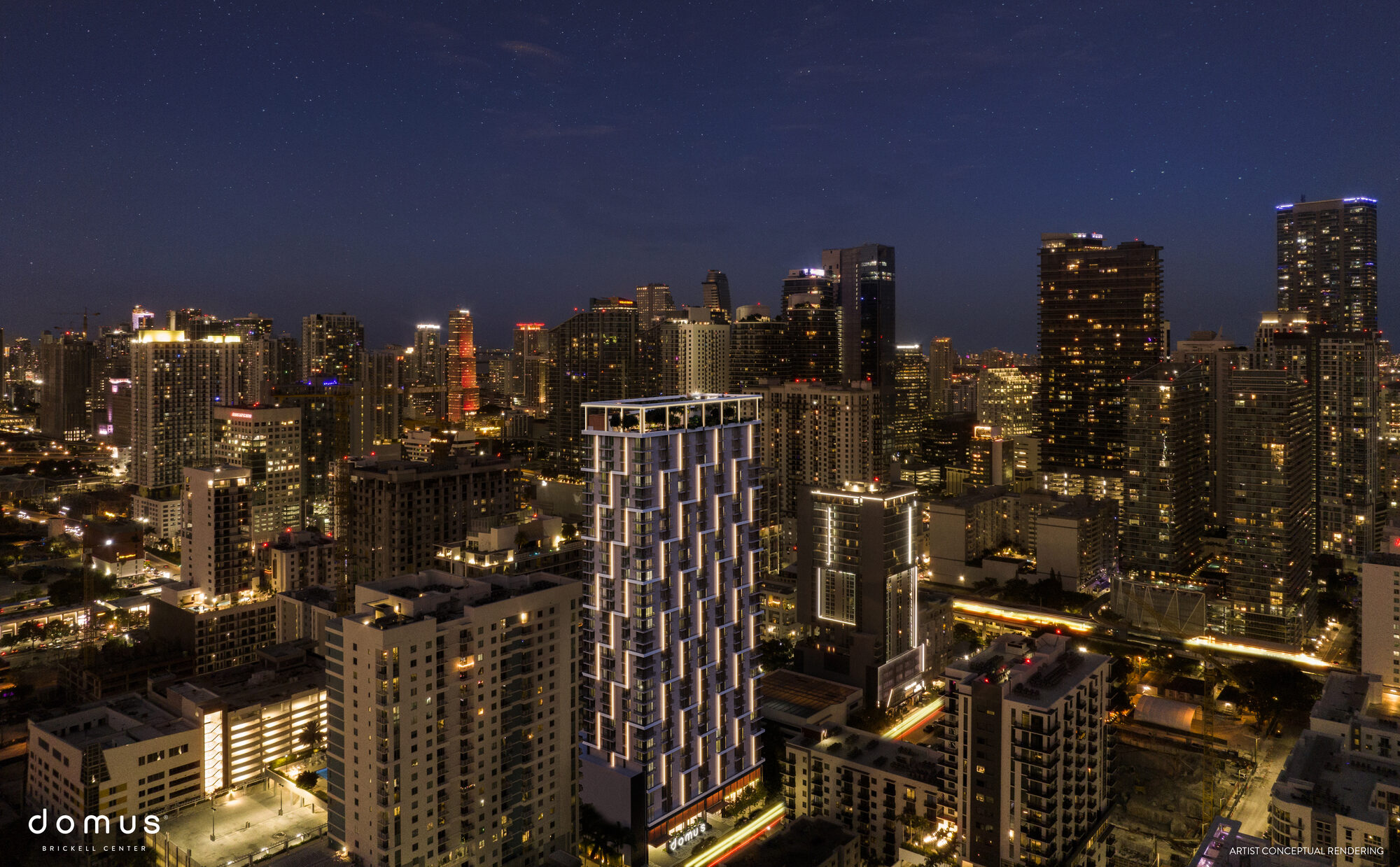 Domus Brickell Center, Miami, vista nocturna del skyline